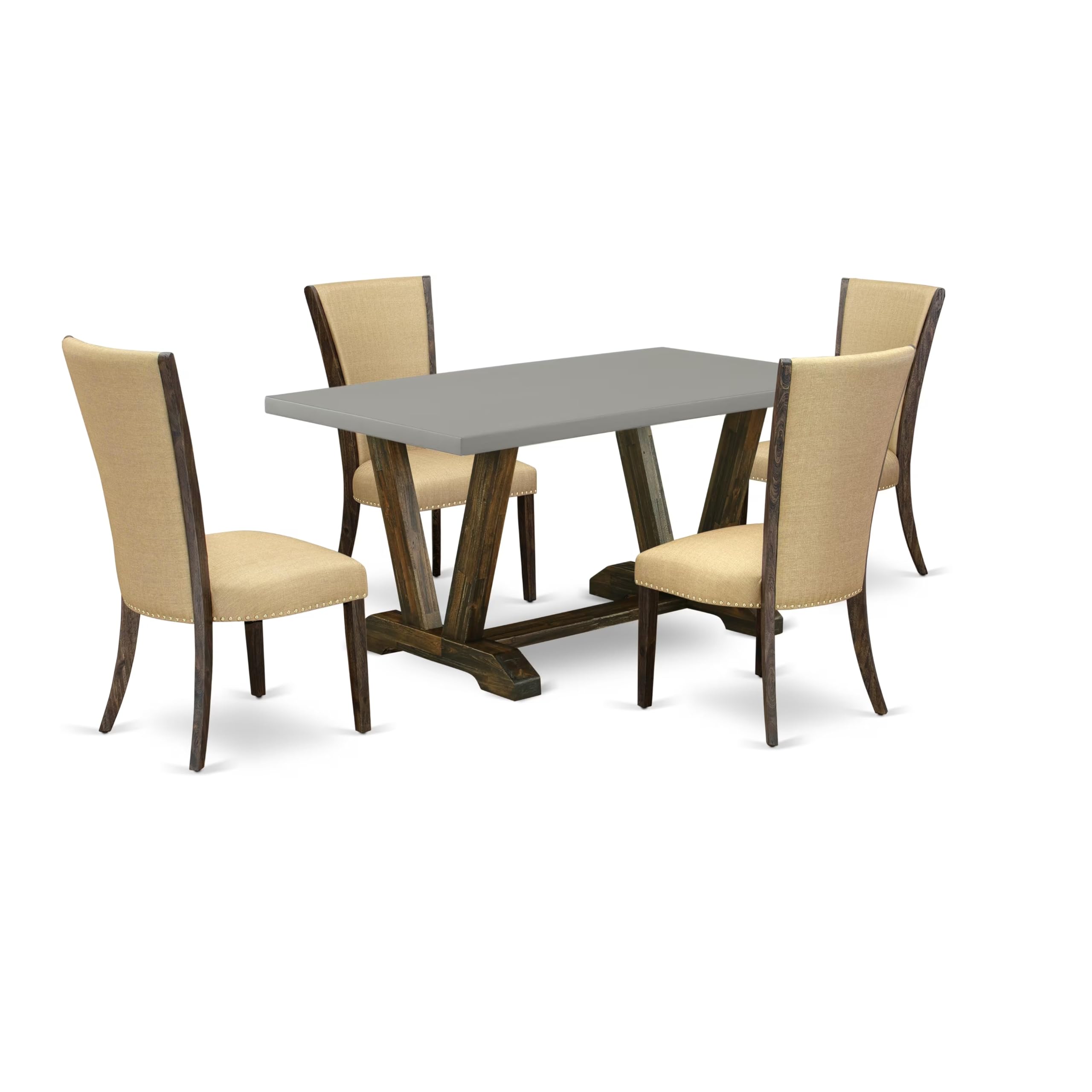 East West Furniture V796Ve703-5 5 Piece Dining Table Set For 4 Includes A Rectangle Kitchen Table With V-Legs And 4 Brown Linen Fabric Upholstered Chairs, 36X60 Inch, Multi-Color
